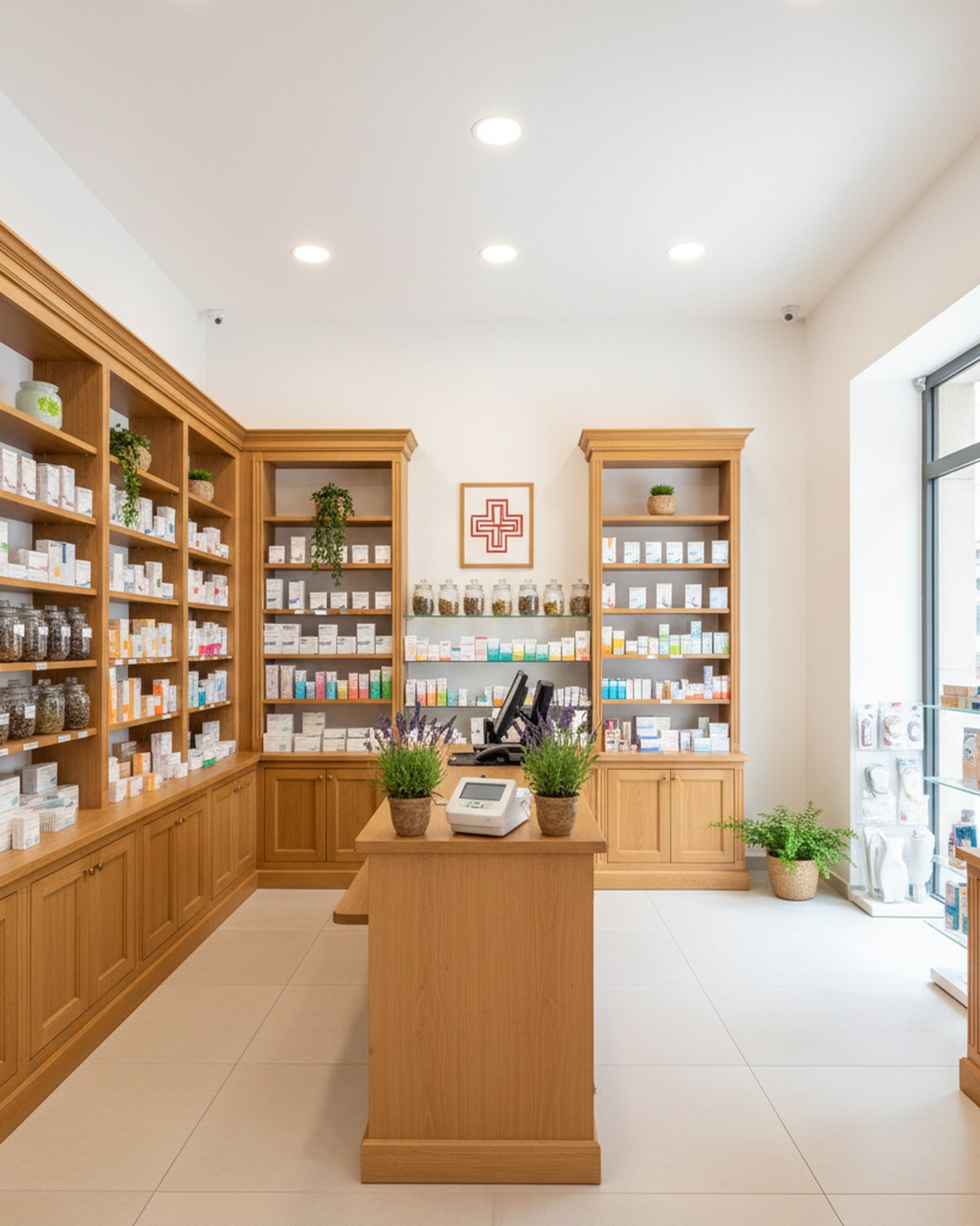 Interno della Farmacia San Vigilio a Concesio con scaffali e banco consulenza